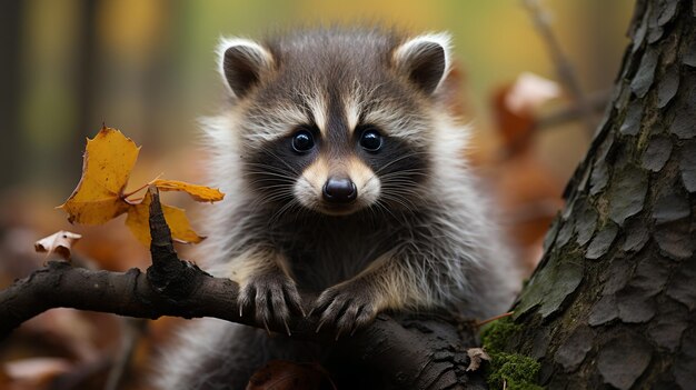 Fond d'automne avec un raton laveur le concept de mélancolie et de confort à la maison carte postale et dépliant