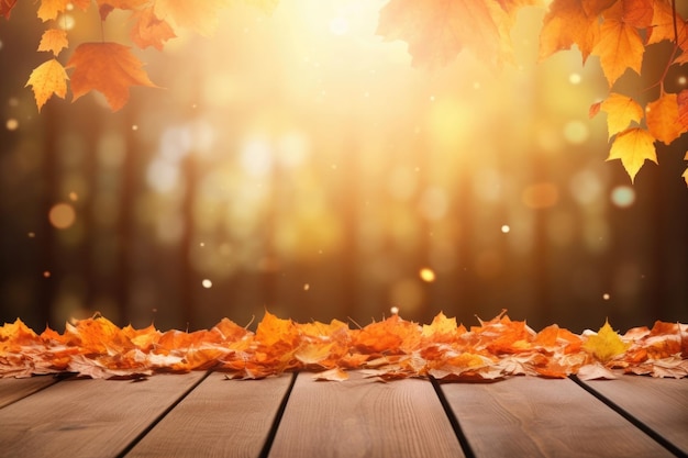 Fond d'automne avec table en bois et feuilles d'automne colorées Composition avec espace de copie