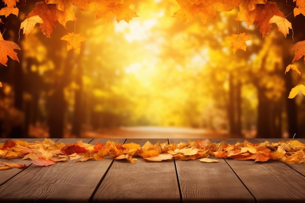 Fond d'automne avec table en bois et feuilles d'automne colorées Composition avec espace de copie