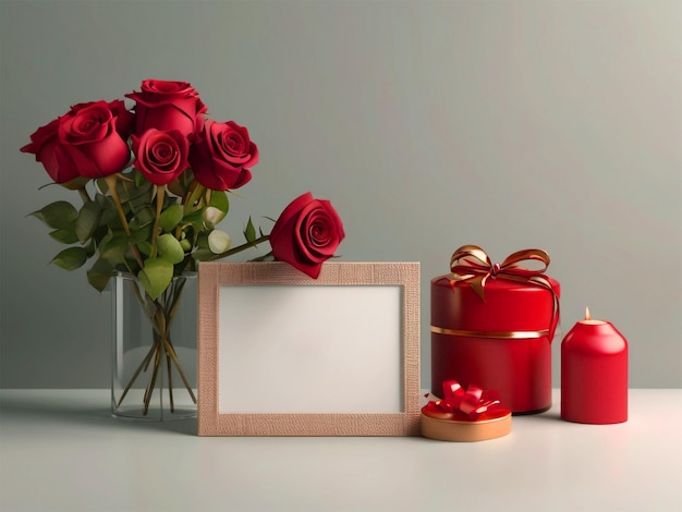 Fond de bannière 3D pour l'anniversaire de la Saint-Valentin avec boîte-cadeau de bouquets de roses et ballons