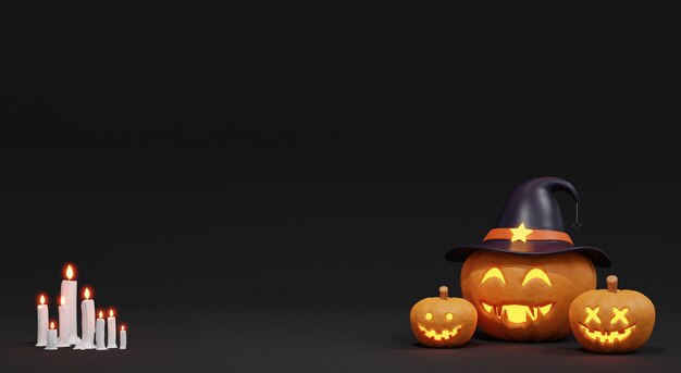 Fond de bannière de citrouille Halloween rendu 3D avec bougie