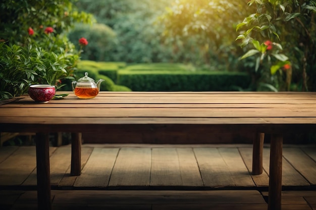 Fond de bannière de jardin de thé de dessus de table en bois vide