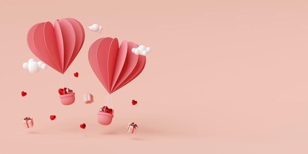 Fond de bannière Saint-Valentin de ballon en forme de coeur avec rendu 3d de boîte-cadeau