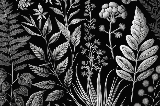 Fond à base de plantes illustré graphique blanc et noir Illustration IA générative