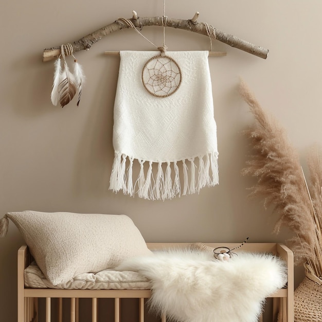 Photo fond beige de la chambre des enfants style boho