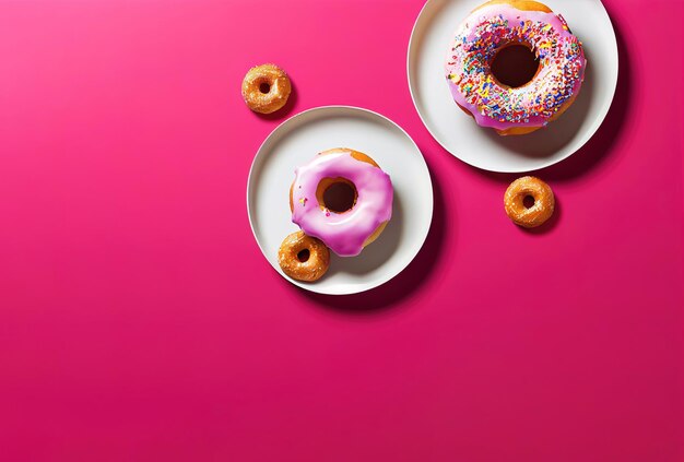 Fond de beignet vue de dessus avec saupoudrer sur fond rose art génératif par AI