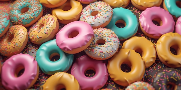 Fond de beignets colorés Vue de dessus avec IA générée