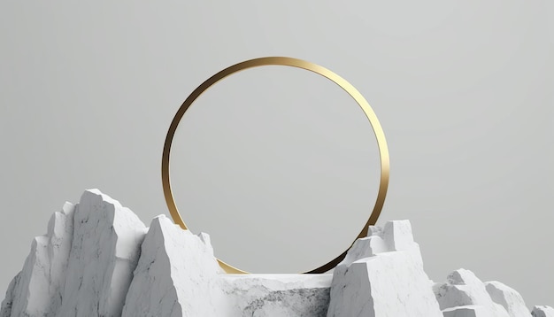 Un fond blanc abstrait présente un cadre circulaire doré intégré dans un mur de craie Ce papier peint minimaliste et esthétique a été créé à l'aide de techniques de rendu 3D