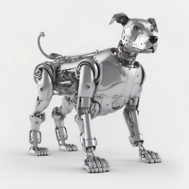 Le fond blanc accentue l'éclat métallique du chien robot