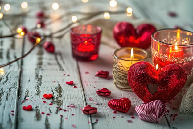 Fond blanc en bois avec des cœurs rouges, des cadeaux et des bougies Le concept de la Saint-Valentin