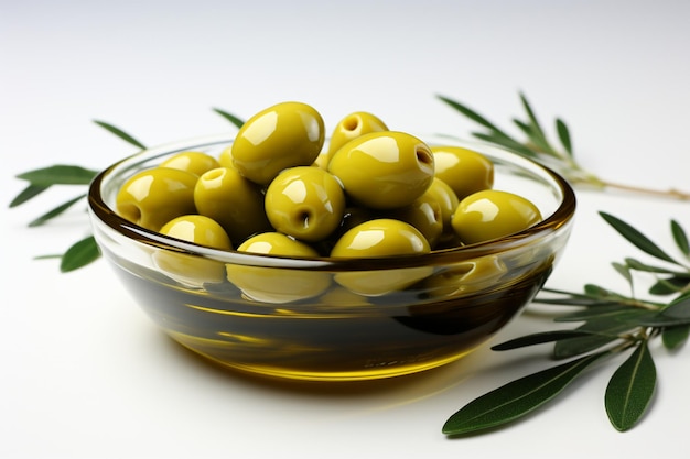 Sur un fond blanc, des bols d'olives accompagnés de gracieuses brindilles d'olive