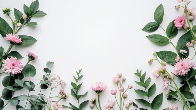 Un fond blanc avec un bouquet de fleurs roses et de feuilles vertes