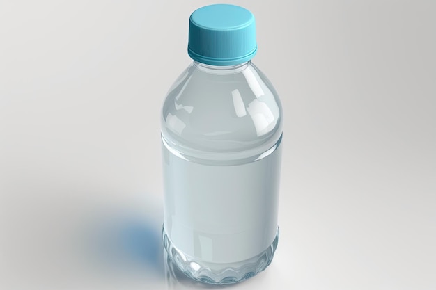 Sur un fond blanc une bouteille en plastique d'eau minérale est visible
