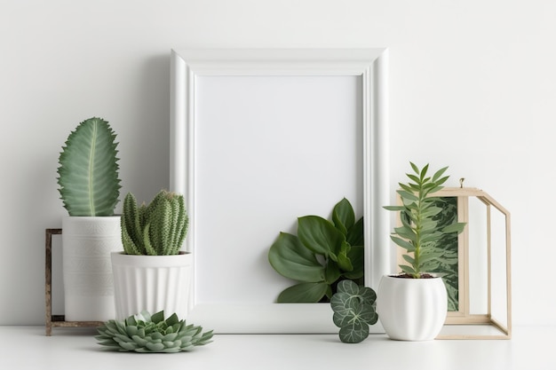 Un fond blanc avec un cadre blanc et des plantes vertes sur une étagère