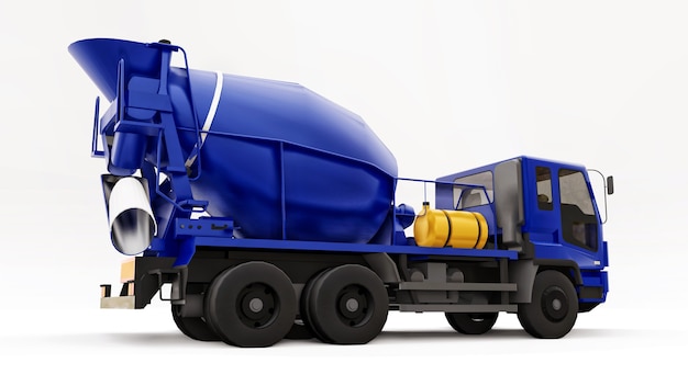 Fond blanc de camion malaxeur à béton bleu. Illustration en trois dimensions de l'équipement de construction. rendu 3D.