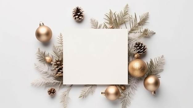 Un fond blanc avec des décorations de Noël dorées et une carte blanche