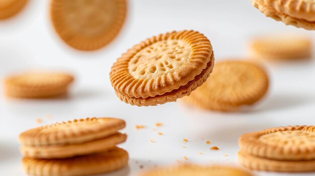 Un fond blanc est entouré de biscuits flottants