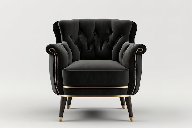 Sur fond blanc, un fauteuil art déco traditionnel avec du velours noir et des pieds en bois montre de nombreux types de meubles