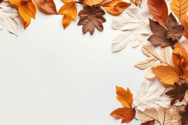 Un fond blanc avec des feuilles d'automne et des feuilles brunes.
