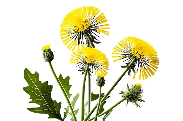 Fond blanc avec des fleurs de pissenlit jaune pour l'écologie et l'agriculture ai générative