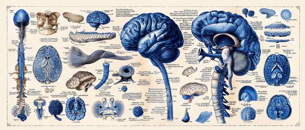 Photo sur un fond blanc, une gravure monochrome d'un cerveau est montrée en vue supérieure