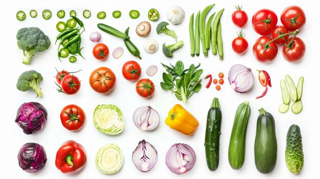 Sur un fond blanc il y a une collection de légumes