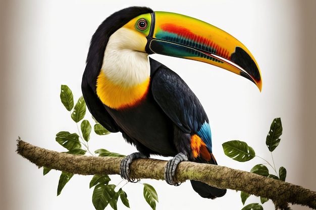 Sur un fond blanc isolé un oiseau toucan est perché sur une branche