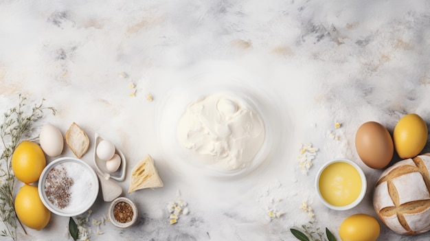 Fond blanc et jaune avec de la farine et d'autres ingrédients tranches d'oeufs oeufs frais lait et fesses