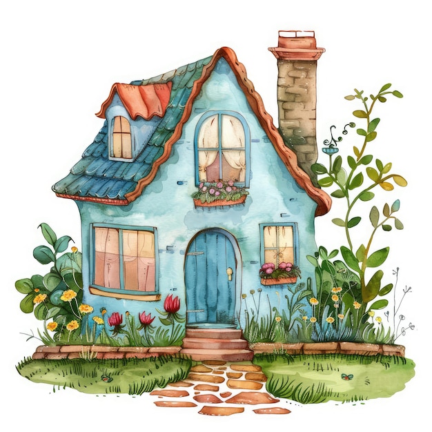 Fond blanc maison avec des fleurs illustration à l'aquarelle de style dessin animé