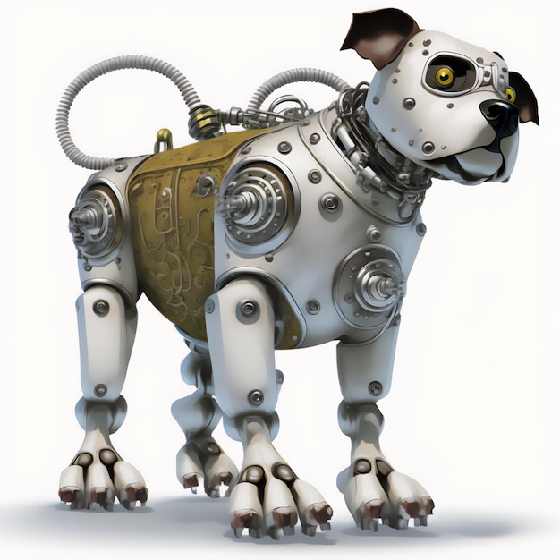 Le fond blanc met en valeur les détails complexes du chien robot