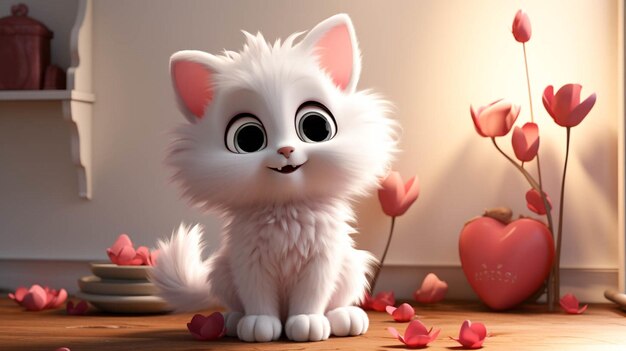 Photo fond blanc un mignon chat blanc tenant un grand cœur rouge de valentin