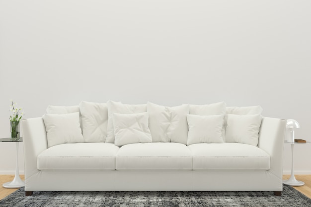 fond blanc de mur de canapé blanc tapis de sol en bois