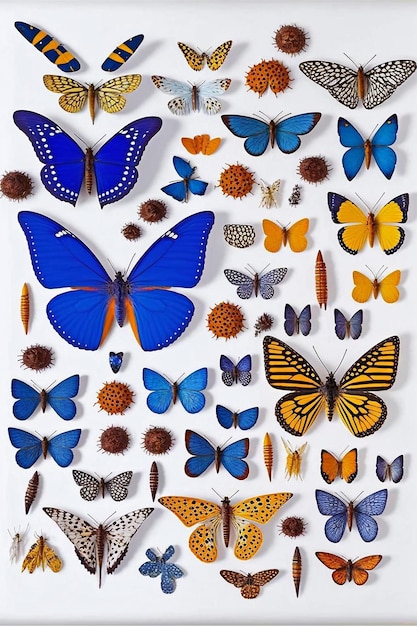 Un fond blanc avec de nombreux papillons et un a un papillon bleu et jaune dessus.