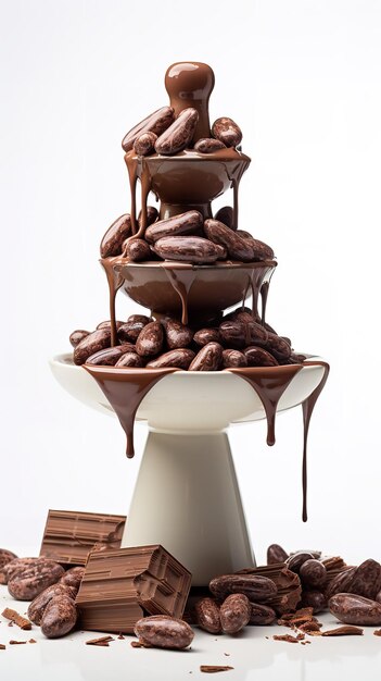 Un fond blanc présente une fontaine de chocolat entourée de gousses de cacao.