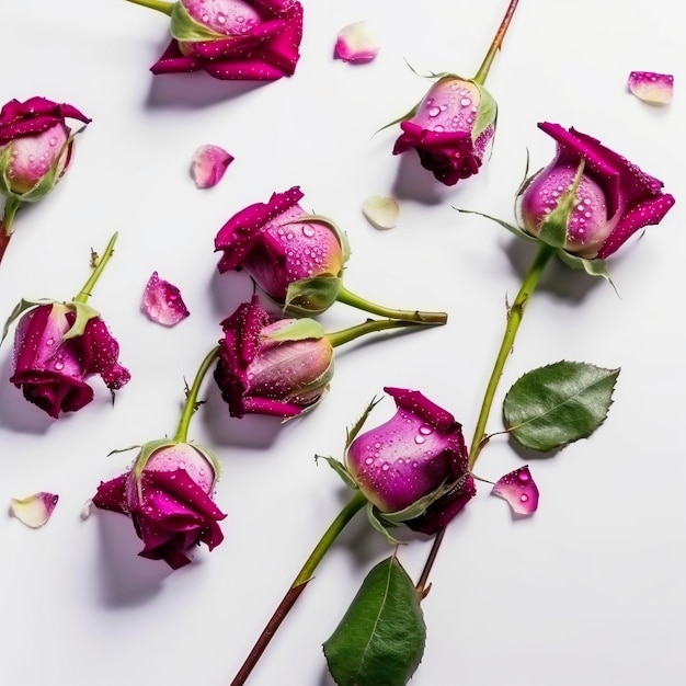 Un fond blanc avec des roses violettes et des pétales