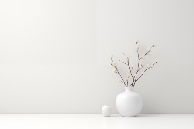 Photo fond blanc simple avec un vase et des branches décoratives dans un style minimal génératif ai