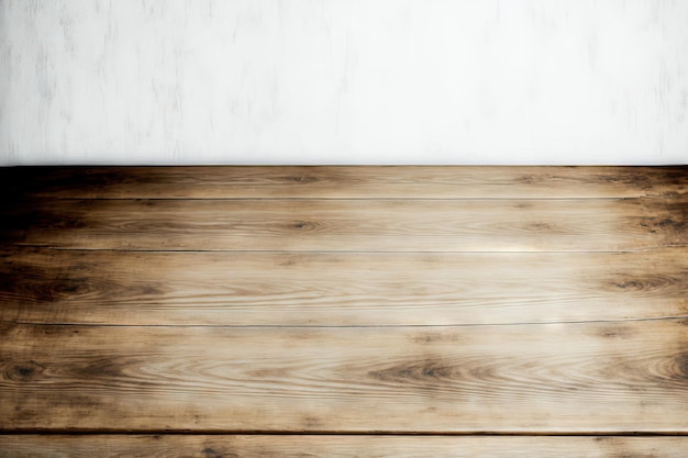 Fond blanc avec une table en bois Table en bois rustique qui est vide