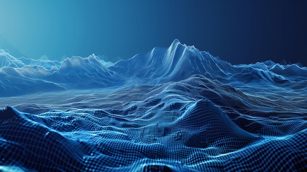 Un fond bleu abstrait est entouré d'un paysage de montagnes en réalité virtuelle