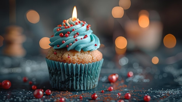 Un fond bleu attrayant avec des cupcakes bleus ornés de éclaboussures rouges et de bougies allumées