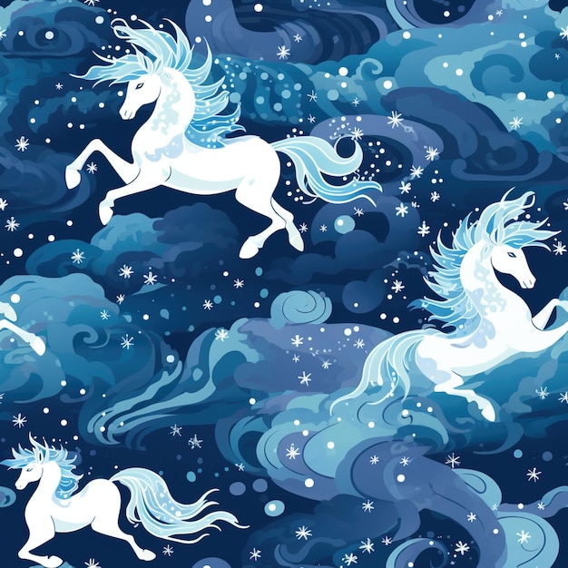 un fond bleu avec des chevaux blancs et les étoiles.