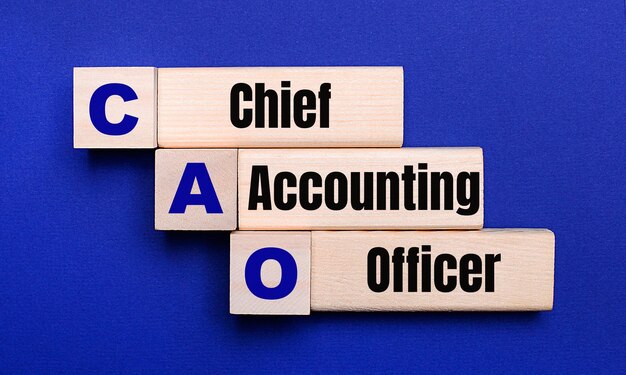 Sur fond bleu clair, blocs et cubes en bois clair avec le texte CAO Chief Accounting Officer