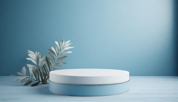 fond bleu clair minimaliste avec un podium élégant idéal pour les présentations de produits exhalant ele