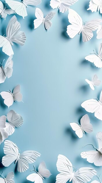 Photo un fond bleu clair avec des papillons blancs sur les bords créant un design minimaliste