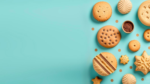 Un fond bleu avec des cookies et une étoile dessus.