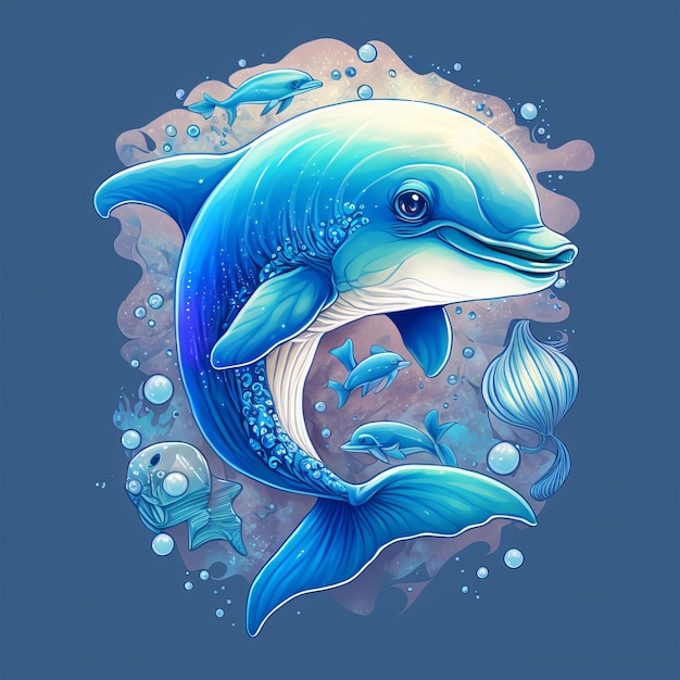 Sur un fond bleu un dessin animé de dauphin peintures pour enfants stylisation IA générative