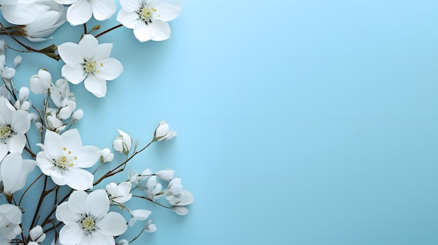 Fond bleu avec des fleurs blanches Arrière-plan du jour de la mère anniversaire des femmes jour du texte