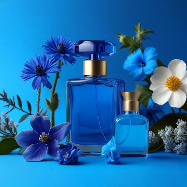 un fond bleu avec des fleurs et une bouteille de parfum