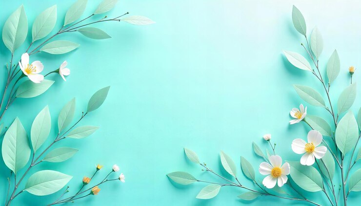 un fond bleu avec des fleurs et des feuilles