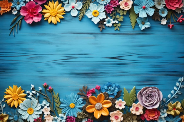 un fond bleu avec des fleurs et les mots « fleurs » en bas.