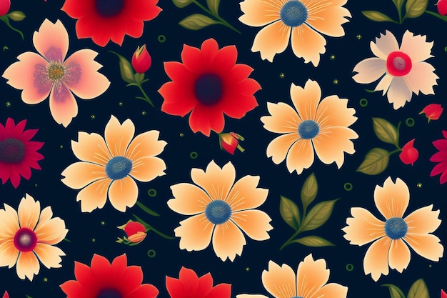 Un fond bleu foncé avec un motif floral avec des fleurs rouges et jaunes.